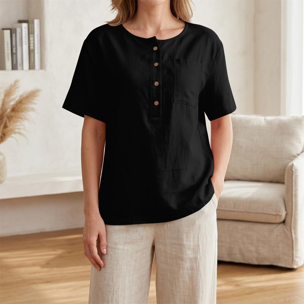 Women Short Sleeve Henley Neck Button Front Linen Cotton Shirt with Chest Pocket Loose Fit Casual Blouse Top for Summer