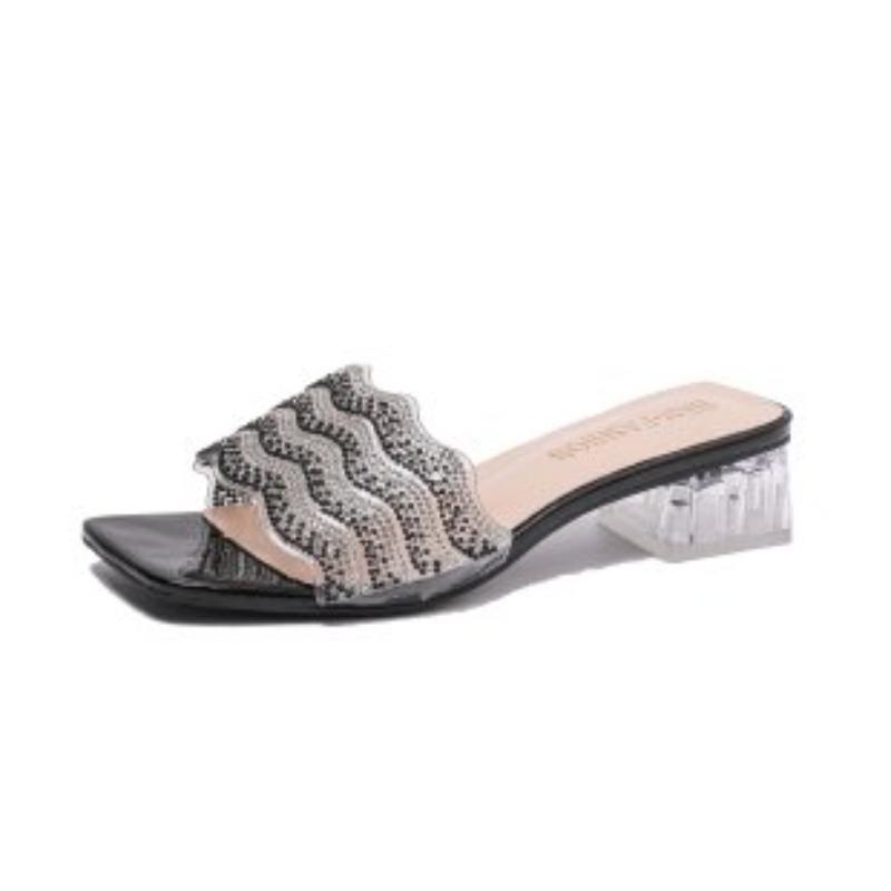 Fashion Plus Size 2025 Summer Modern Women's Open Toe Slippers Elegant Square Toe Rhinestones Med Heel Sandals Fashion Dress Slippers