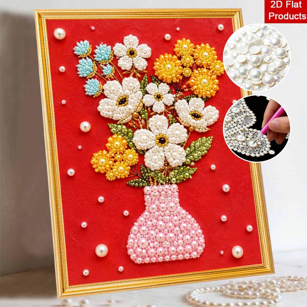 Colorful Flower Vase Floral Bouquet 5D Pearl Painting Kit with Frame DIY Sparkling Bead Canvas Art Relaxing Craft for Girls Room Decor