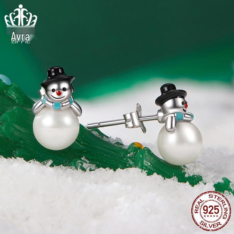 Everlove Perlen Schneemann Ohrstecker: S925 Sterlingsilber, rhodiniert Weihnachtsschmuck für Damen