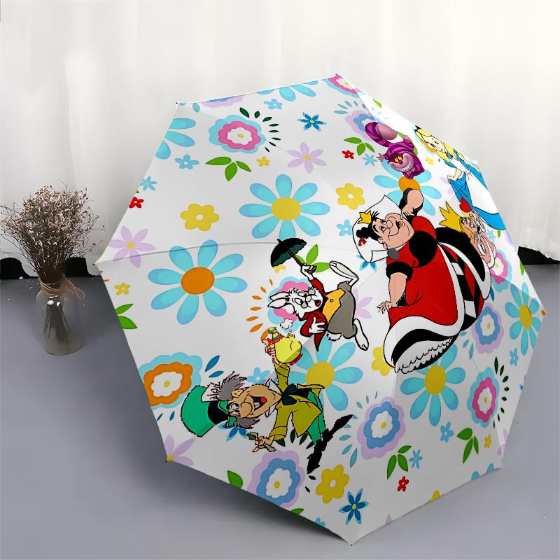 Disney Alice, Wonderland Automatic Open/Close Umbrella - Cute Umbrella with Cute Design, Portable 3-Fold Compact Umbrella for Men & Women, V