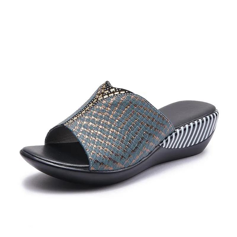 GKTINOO Nowe Klapki z Prawdziwej Skóry Antypoślizgowe Letnie Wysokie Obcasy Wodoodporne Sandały z Cyrkoniami Buty dla Mamy na Zewnątrz