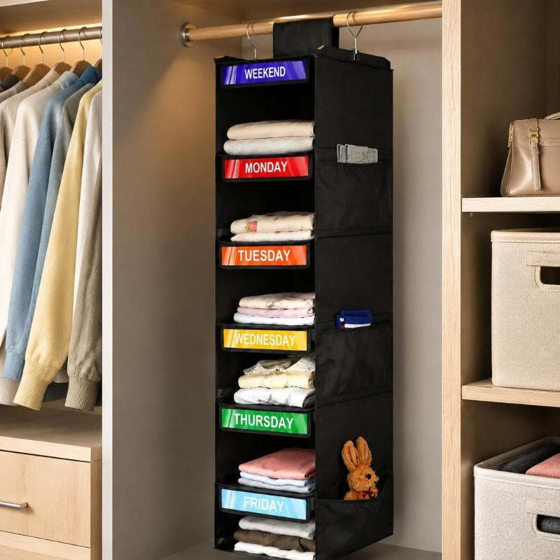 Hanging Closet Shelves for Kids Clothes, 6 Section Weekly Storage with Side Pockets and Fabric Shelf Design for Home Use