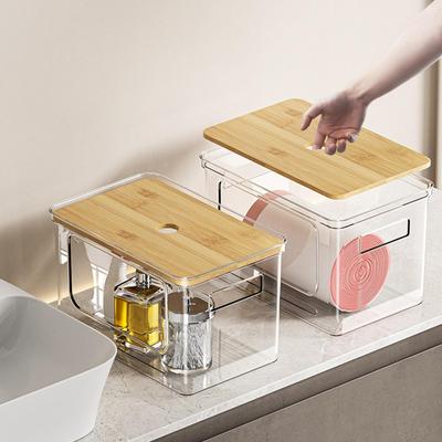 Transparent Garbage Bag Storage Box Garbage Bag Dispenser Under Sink Stackable Clear Organizer Bins With Bamboo Wood Lid