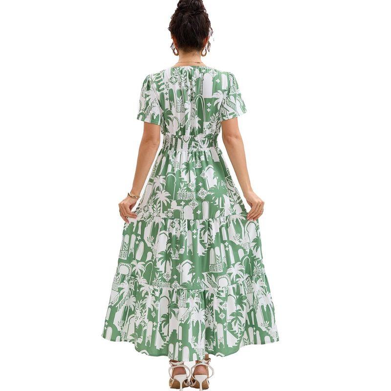 Cross-Border Holiday Style Coconut Tree Print V-neck Puff Sleeve Elastic Waist Hugging Slimming Patchwork Short Sleeve Dress Long Dress Women