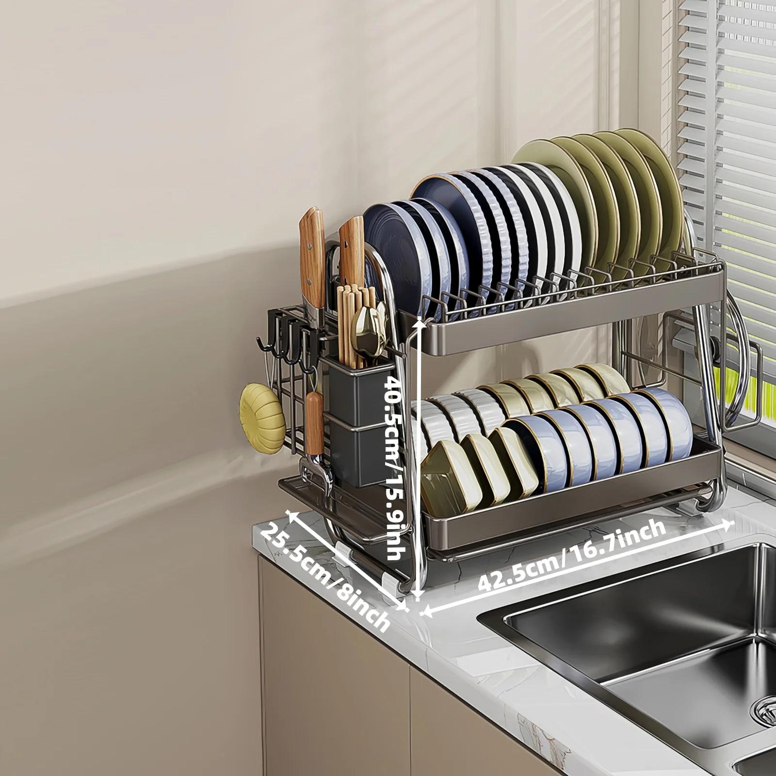 

Stainless steel 2-tier dish drying rack with draining tray, utensil holder and hooks, anti-rust kitchen counter dish drainer 2-tier