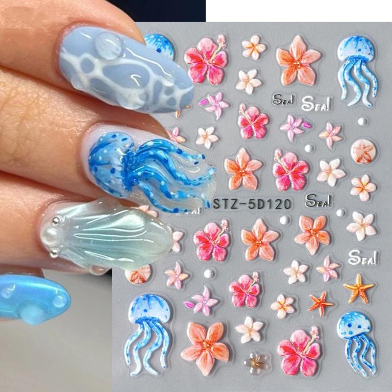 3D Summer Ocean Nail Stickers Beach Themed Begonia Flower Shell Starfish Jellyfish Plumeria Nail Art Decorations For Women Girls