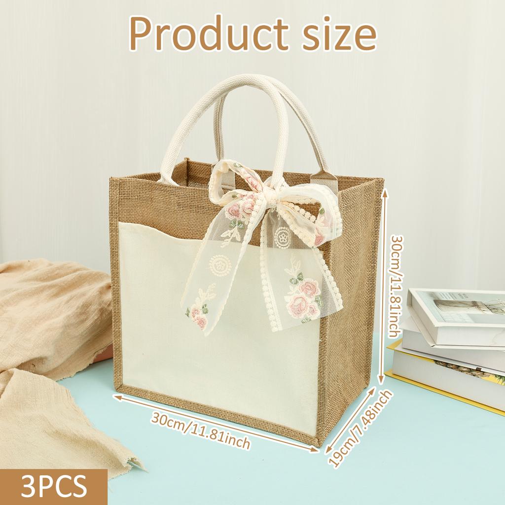 3Pcs Burlap Jute Tote Shopping Bag Portable Ladies Handbags Reusable Grocery Wedding Birthday Gift Bag for Home Holiday Beach