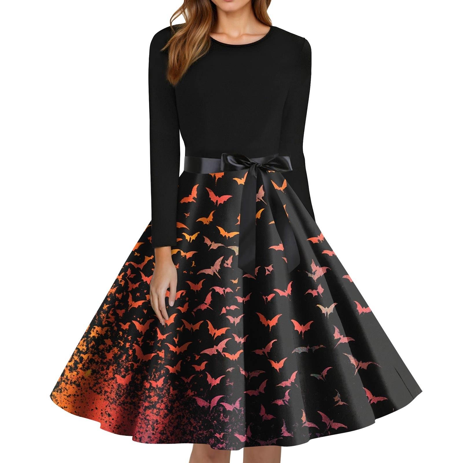

Women s Fashion O-Neck Casual Slim Fit Halloween Printed Long Sleeve Dress XXXL Кіновар