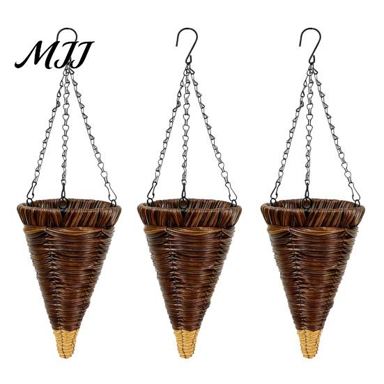 Rattan Hanging Basket Cone Flower Artificial Woven Planter Rustic Conical Plant with Metal Chains for Indoor Outdoor Garden Balcony