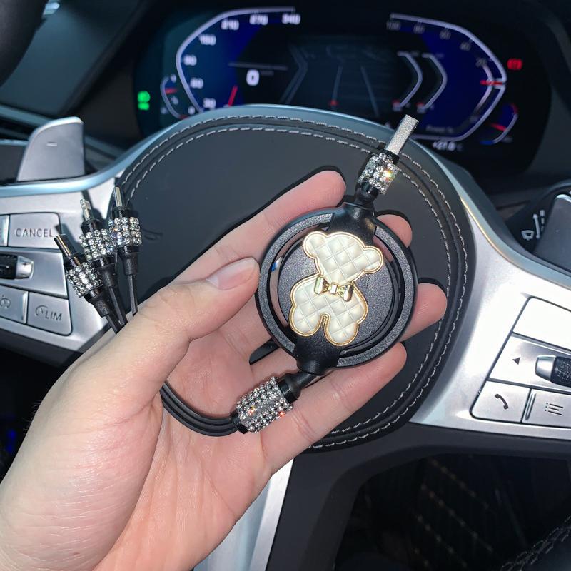 

Автомобильное зарядное устройство со стразами 1 в 3 Дата-кабель Очаровательный милый медведь Авто Быстрая зарядка Автомобильные Блестящие аксессуары для Android iPhone грязно-белый