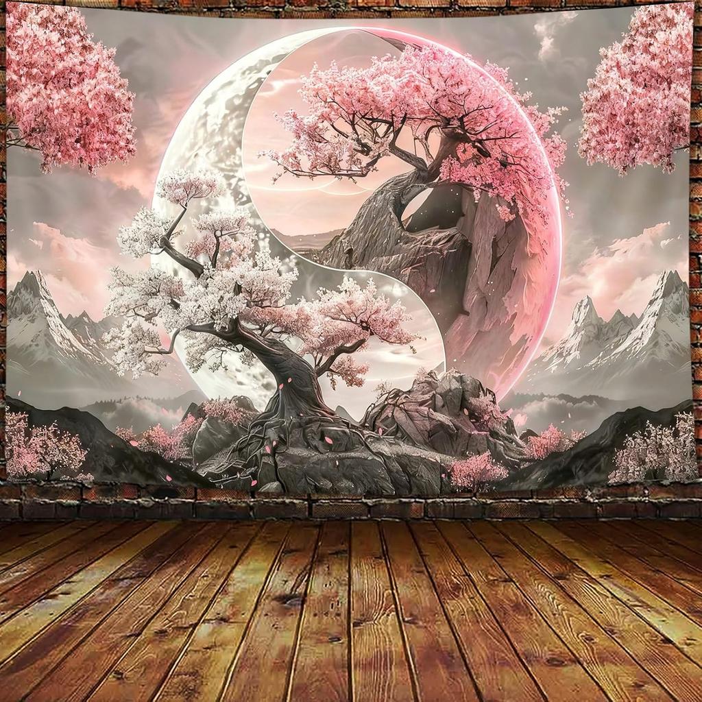 Yin Yang Tree Tapestry Cosmic Balance Art Zen Wall Hanging Meditation Room Decor Spiritual Symbol Mountain Landscape Boho