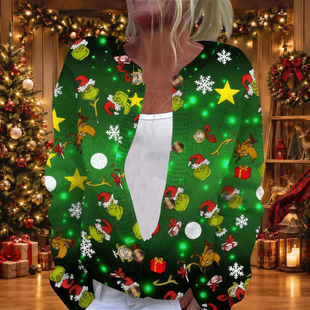 Women's Stylish Casual Long Sleeve Knit Cardigan with Button Front and Graphic Print