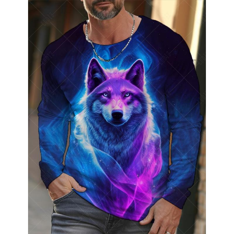 T-shirt a maniche lunghe da uomo vintage Camicie con stampa 3d Moda Animale Lupo Grafica Abbigliamento Maglie a manica Uomo Top streetwear oversize