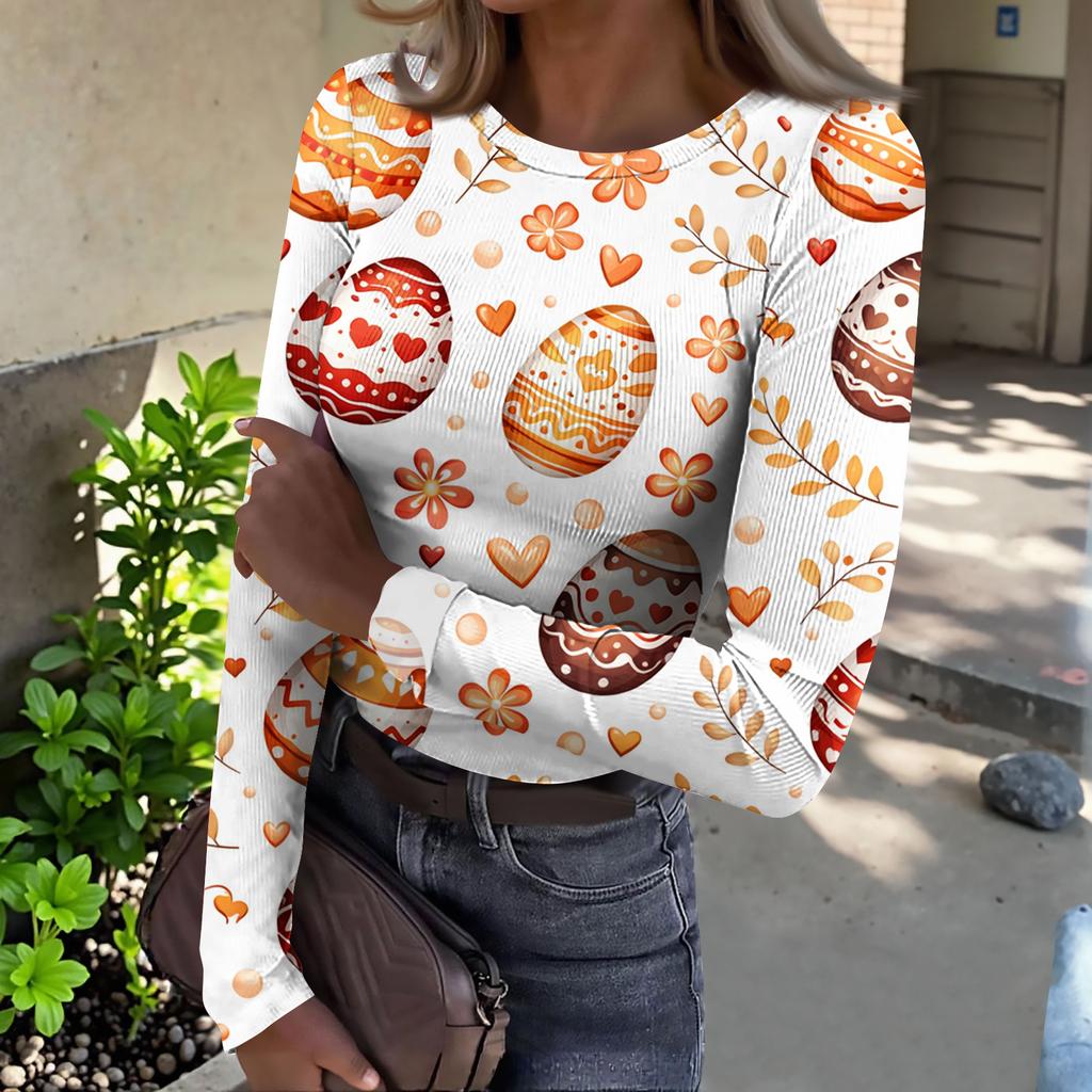 Women's And Winter Slim T-shirt Fashion Casual Printing Round Neck Pullover Long Sleeve Top