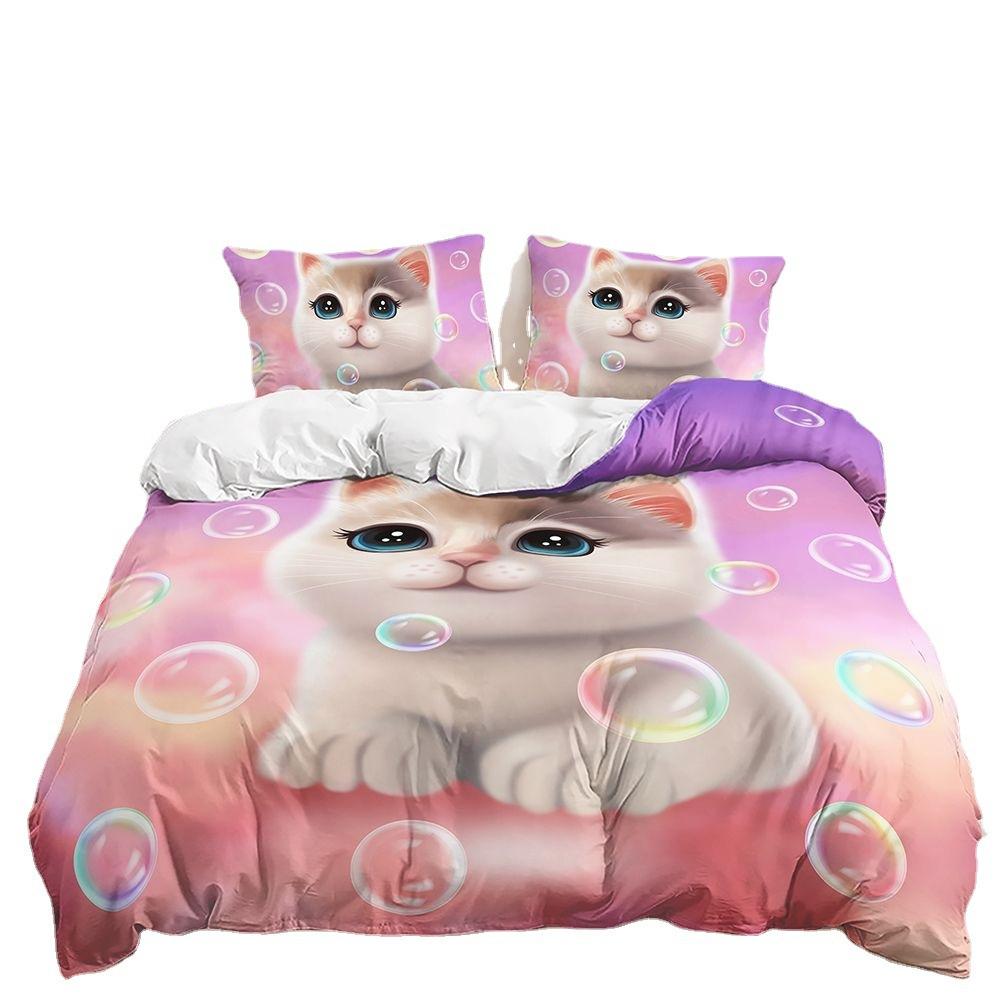Bett Dreiteiliges Niedliches Tier-Set Katze Kaninchen Bettbezug Zweiteilig Schlafzimmer
