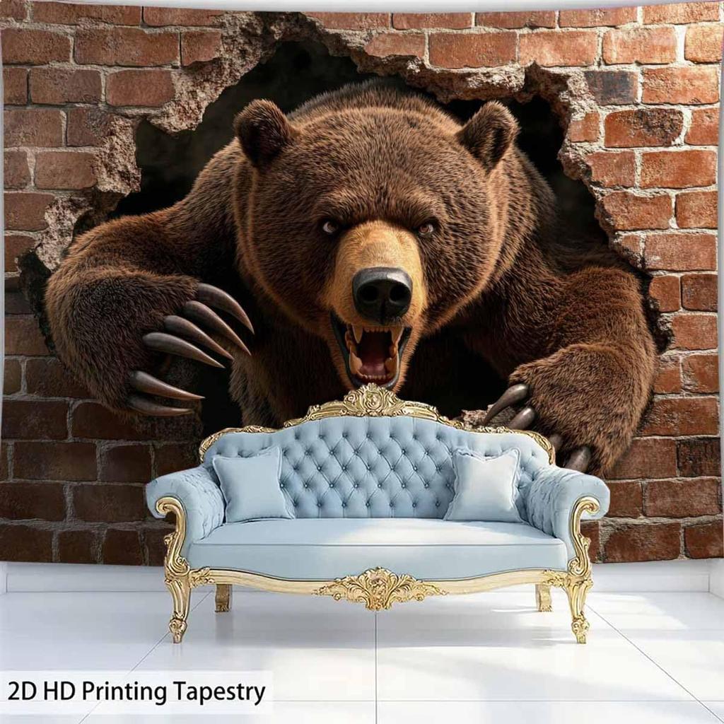 3D Fierce Bear Breakthrough Wall Art Tapestry, Aggressive Powerful Animal Print Poster Wide Wall Hanging For Bedroom Living Room