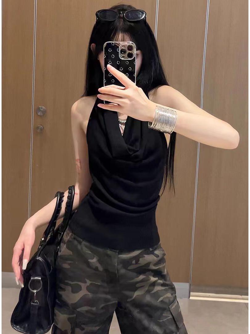 

Женский топ-майка бодикон без рукавов с халтером и драпированным вырезом - Шикарная летняя верхняя одежда с открытыми плечами Extra Large чёрный