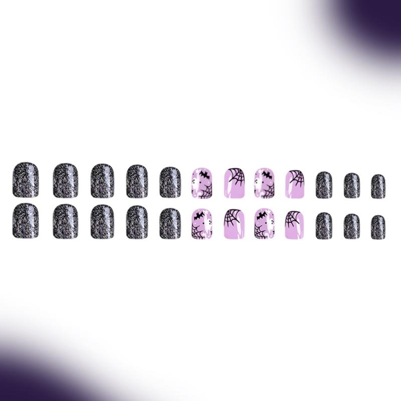 Halloween Faux Nails 24PCS Dark Cobweb Glittering Ghosty And Skeletons Easy Application For Parties