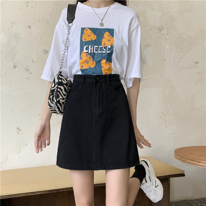 Plus Size Denim Short Mini Loose Cute Mini Jean Short Sizes [syvent] Skirt, A-Line Skirt, Fit, Skirt, Casual, A-Line Skirt, S-5XL