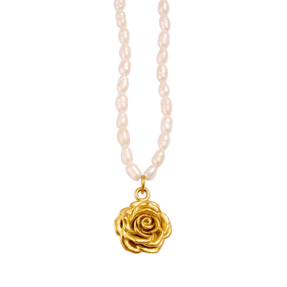 MeiShiDuo 18K Gold Plated Rose Shell Pendant Necklace - Fashionable Stainless Steel Collarbone Chain