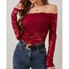 Women's Casual Fan-Shaped Collar With A Straight Neckline And Off Shoulder Lace T-Shirt, Long Sleeved Top