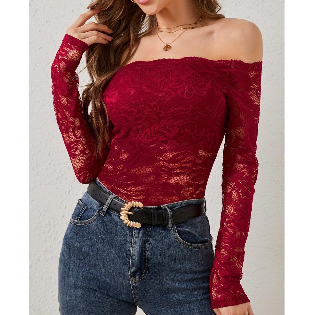 Women's Casual Fan-Shaped Collar With A Straight Neckline And Off Shoulder Lace T-Shirt, Long Sleeved Top