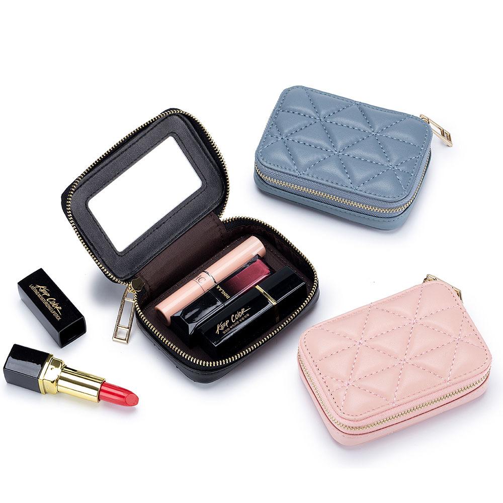 New Women Genuine Leather Quilted Lattice Mini Bag Fashion Portable Lipstick Cosmetic Pouch Storage Bag for Coin Change Earphone Keys