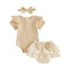 Adorable Baby Girl Summer Outfit Stylish Ribbed Short Sleeve Romper with Plaid Skort Headband 3Pcs Set for Your Little