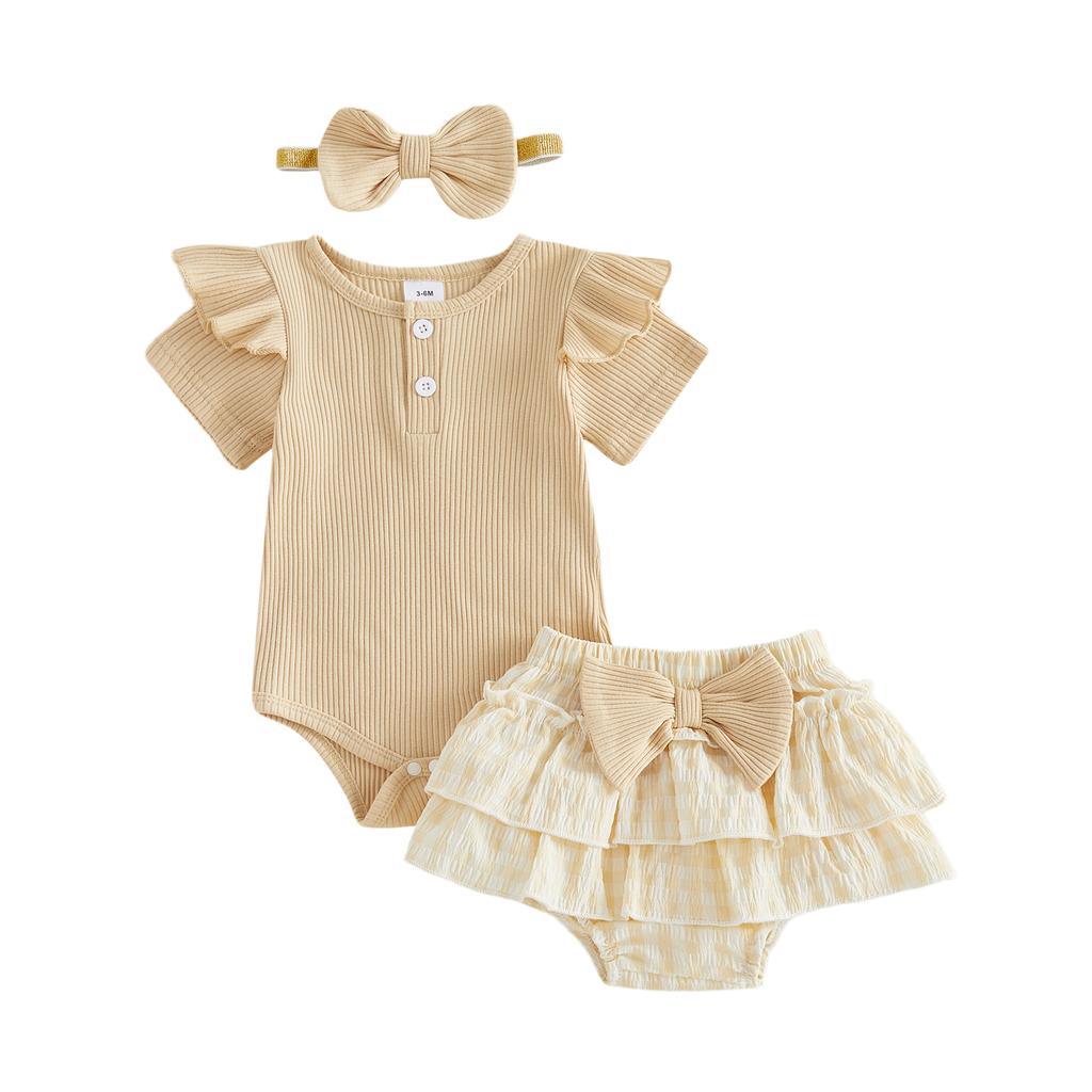 Adorable Baby Girl Summer Outfit Stylish Ribbed Short Sleeve Romper with Plaid Skort Headband 3Pcs Set for Your Little