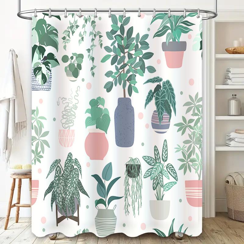 Modern Greenery Shower Curtain Potted Plant Decor for Bathroom Beautiful Flower Pot Print in Pink Blue Size: 72x84 (183cm x 213c