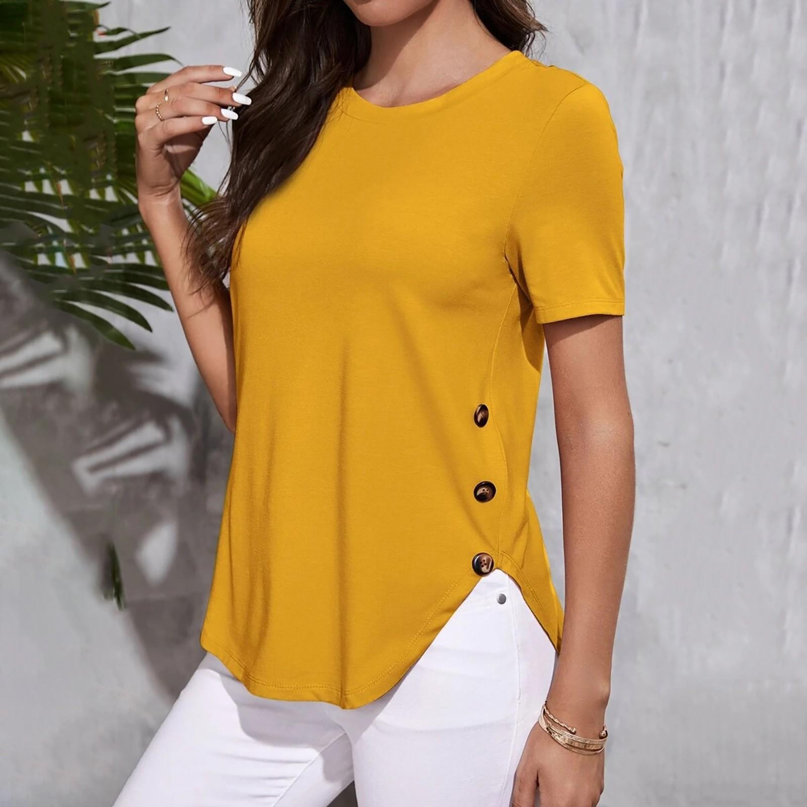 

Новая летняя футболка, модный женский топ с круглым вырезом, пуговицами и короткими рукавами, ласточкин хвост XL жёлтый
