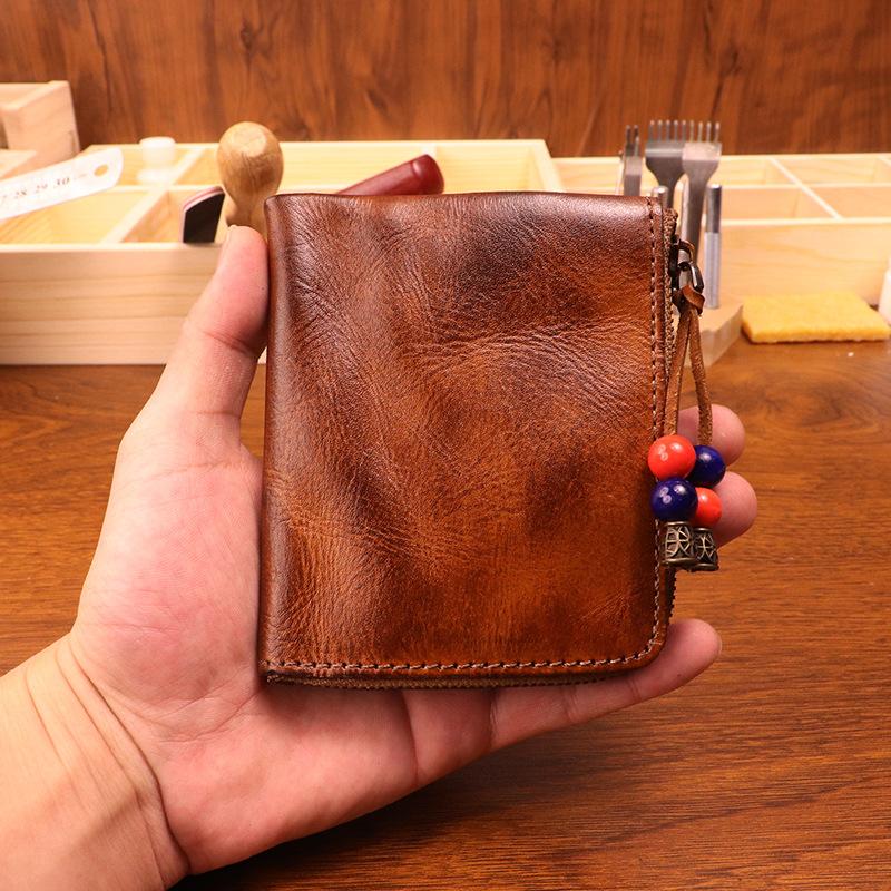 Head Layer Cowhide Wallet for Men, Vintage Vintage Vintage Tanned Leather Wallet for Women, Minimalist Japanese Zipper Wallet