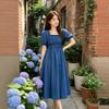 Summer New Blue High-waisted Square Collar Temperament Gentle Dress Big Pendulum Drape Waist Dress