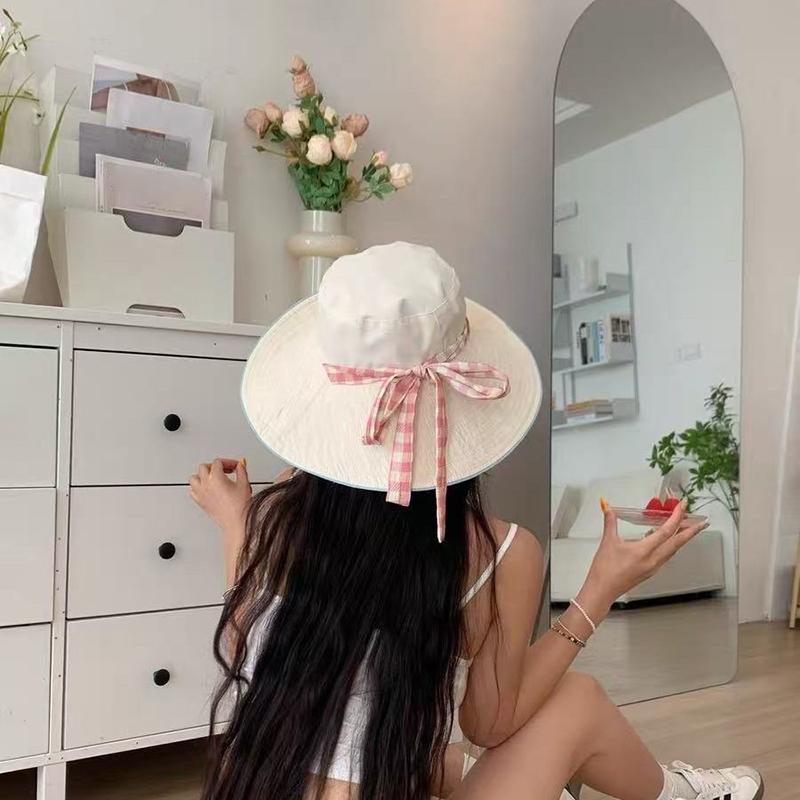 Chapeau Bob Plaid Double Face à Bord Large à Lacets Été Extérieur Polyvalent Protection Solaire Doux Couleur Contrastée Plaid Chapeaux pour Femmes