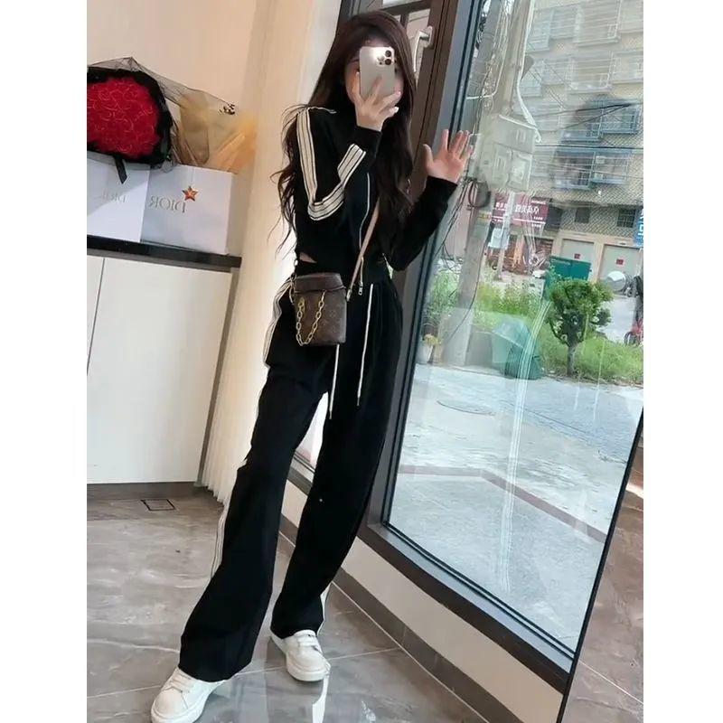 Women's Trendy Two-Piece Set: Velvet Cardigan Hoodie & Wide-Leg Pants for Autumn/Winter 2025 Fashion.