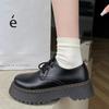 Fashion Thick Soled Retro Black Leather Shoes for Women in Spring 2025, New Lace Up Round Toe British Style Solid Color Leather Shoes