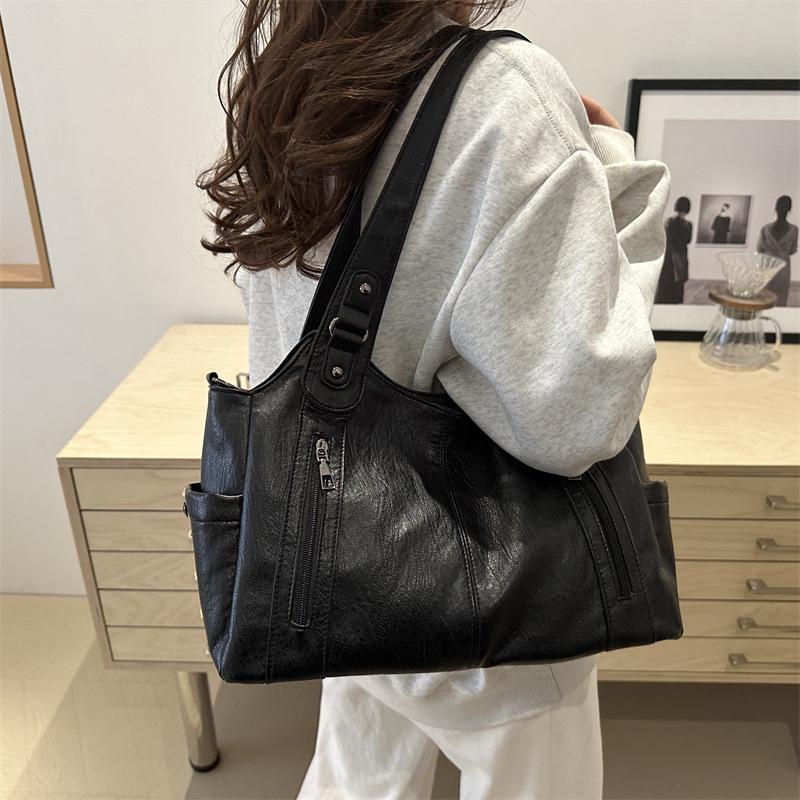 Retro Style Faux Leather Tote Bag for Women Large Capacity Shoulder Handbag