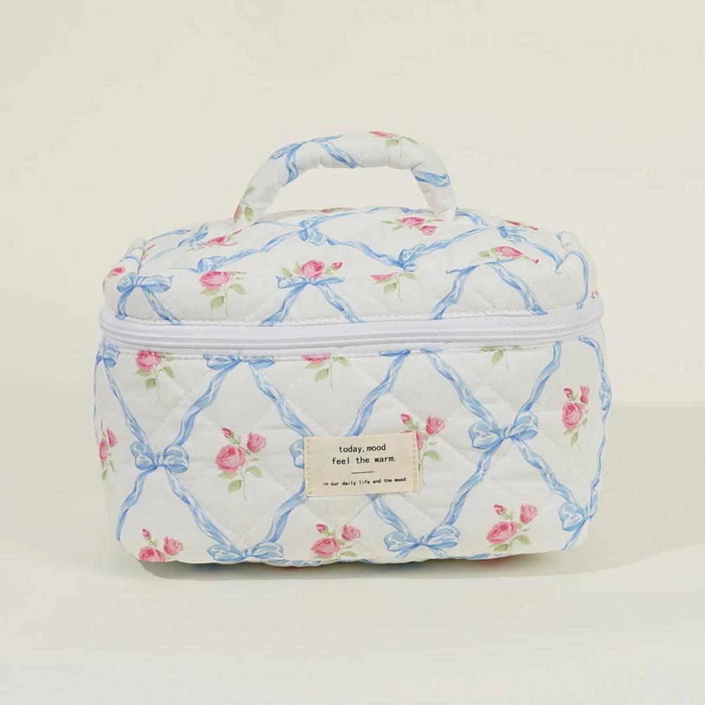 

3Pcs Makeup Bag Set Travel Cosmetic Bag Large Capacity Quilted Portable Cosmetic Pouch Aesthetic Cotton for Outdoor Travel синий