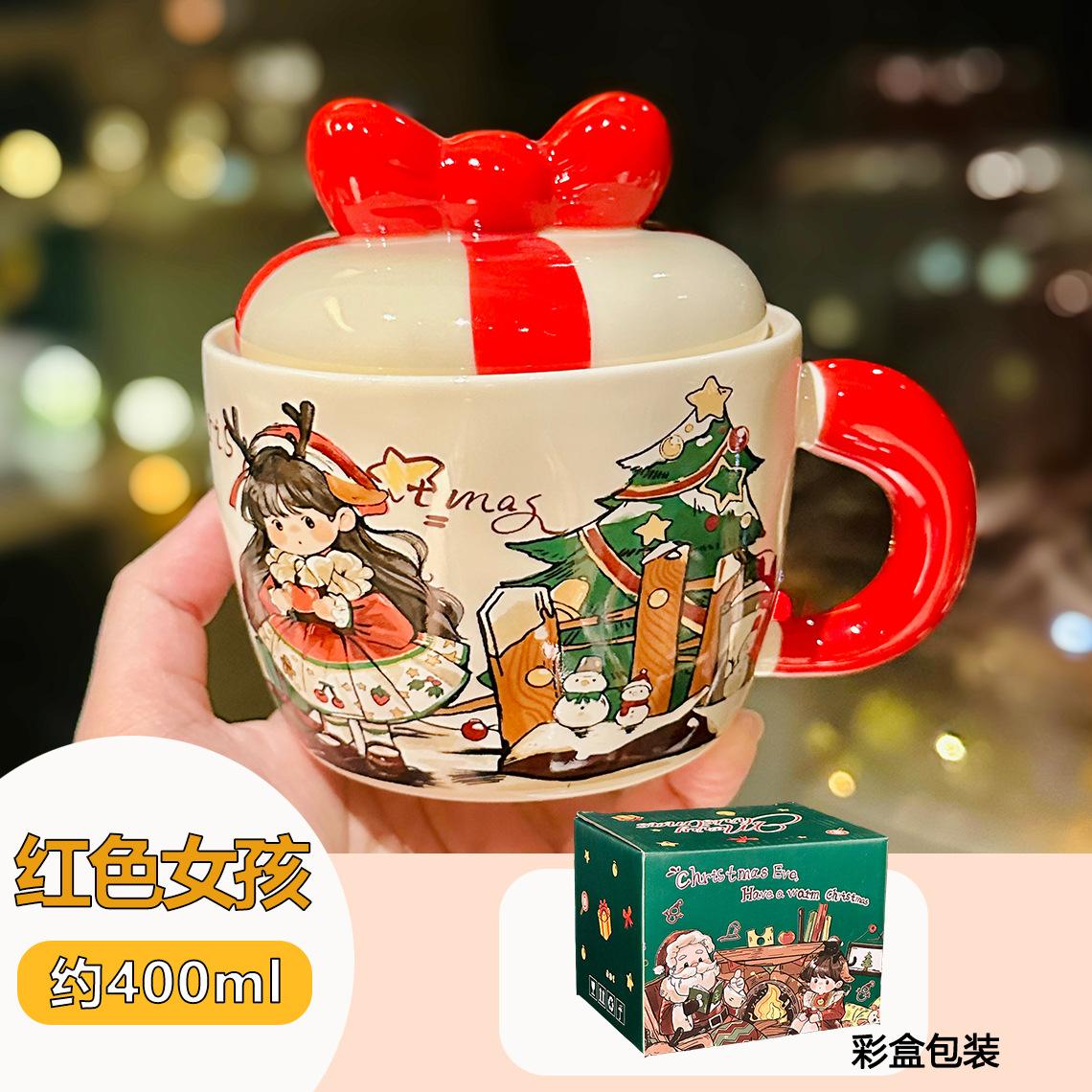 

Мультяшний Різдвяний Подарунок, Керамічна Кружка у Формі Яблука з Кришкою, Сувенірна Чашка з Бантом Високої Цінності 400ml