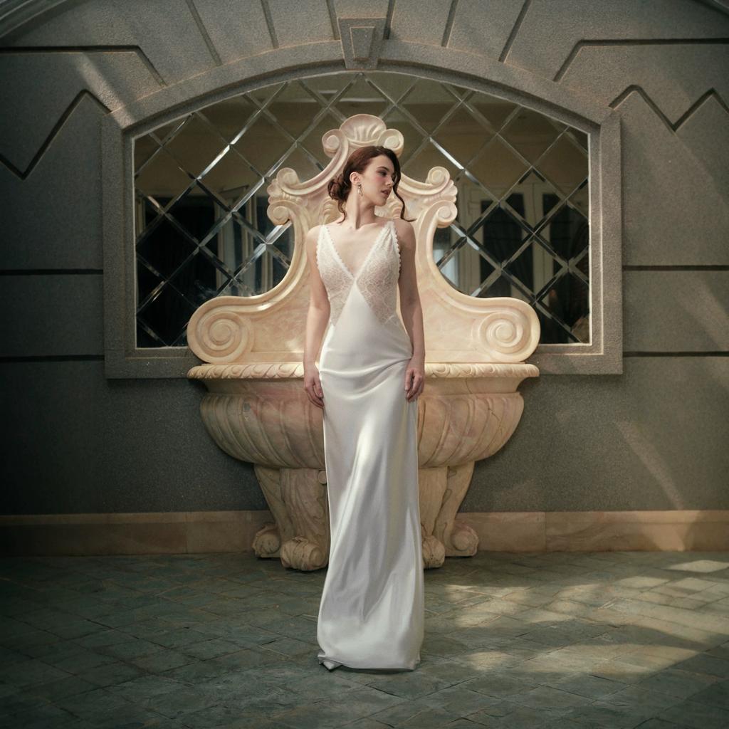 Vintage Satin Wedding Dress Deep V Lace Splicing Slim Pendant Satin Sleeveless Fishtail Light Wedding Dress
