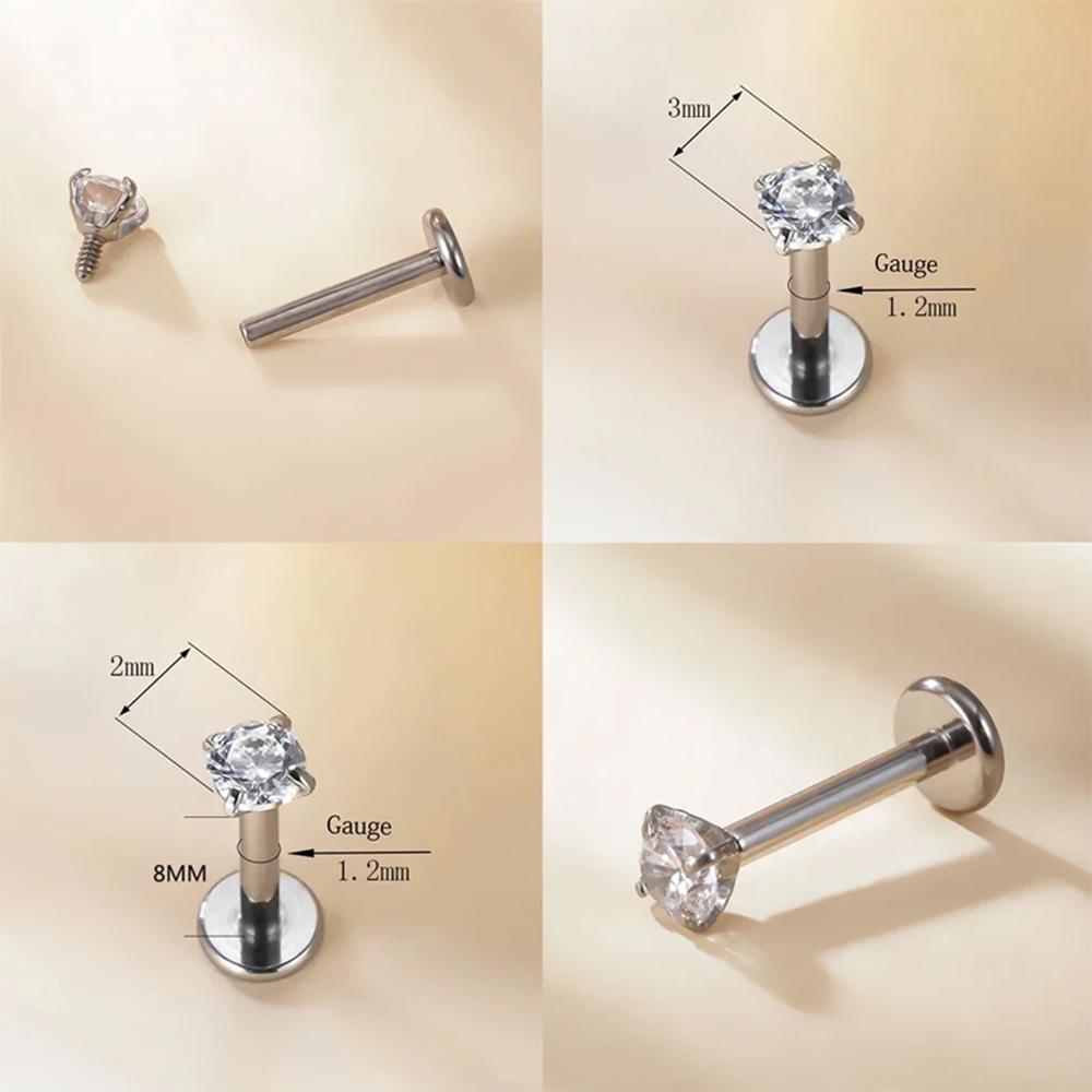 10Pc ASTM F136 G23 Titanium Labret Ear Lip Stud Jewelry CZ Stone Cartilage Tragus Earring Tongue Studs Threaded Body Jewelry