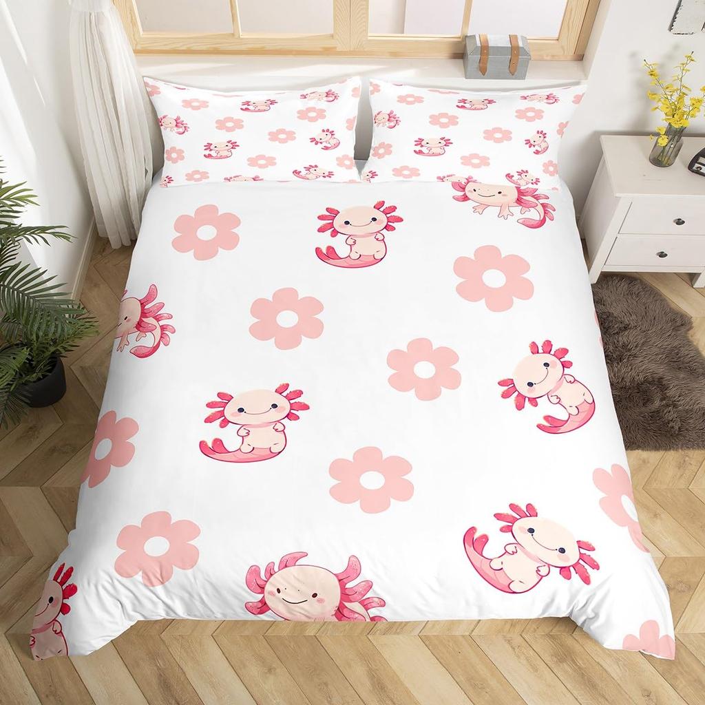 Cartoon Axolotl Bettbezug Queen Size, Sonnenblumen Bettwäscheset Niedliches Tier Botanisch Bettdeckenbezug Aquarell Gelb Steppdeckenbezug