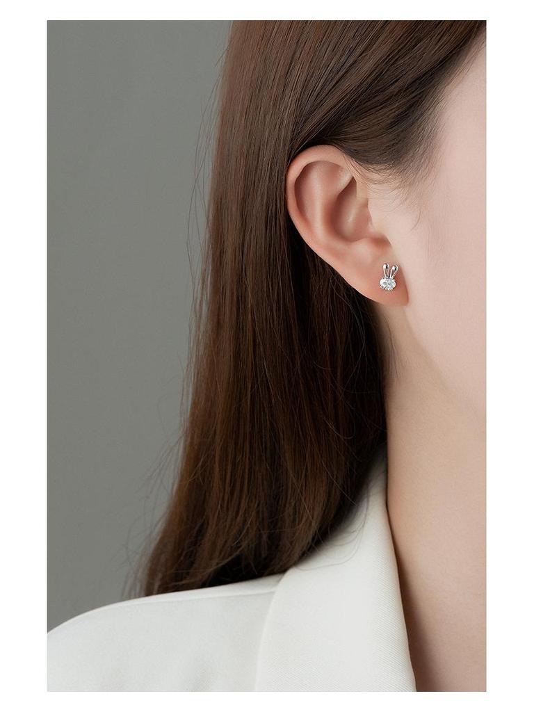 Banyan Tree S925 Silver Zircon Rabbit Earrings - Elegant, High-End Diamond Design for Women