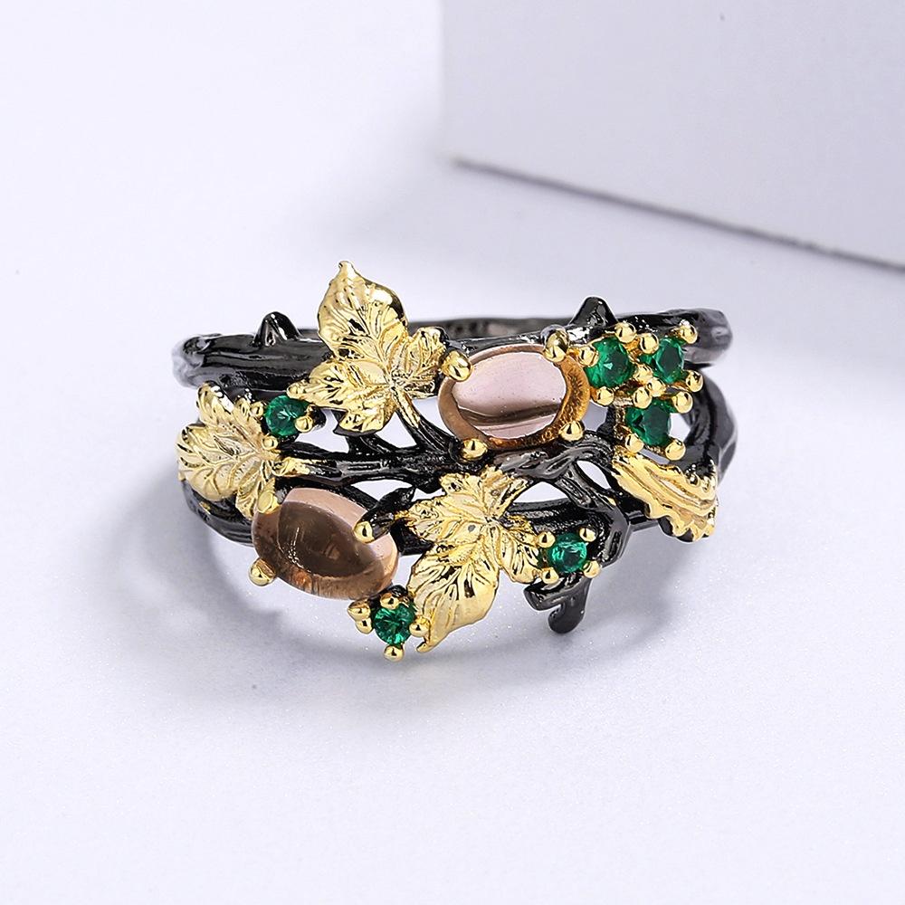 New Two tone Leaf Fruit Zircon Ring Unique Retro Personality Dark High end Light Luxury Charm Jewelry Gift