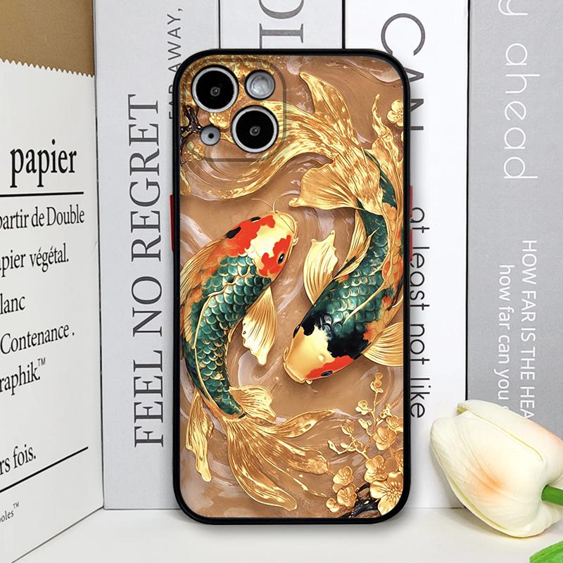 Luxurious Golden Koi Fish Pattern Shockproof Phone Case for IPhone 17 16 Pro Max 15 14 13 12 11 XS MAX X XR 7 8 Plus Back Cover iPhone 15 Pro