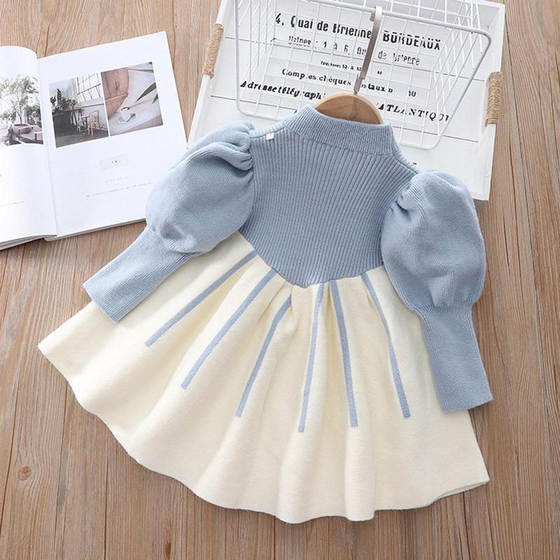 1 do 6T Dziecięce dziewczęce sukienki z kwiatowym nadrukiem i kokardką Prążkowane, okrągłe dekolty, jesienne sukienki dla dziewczynek