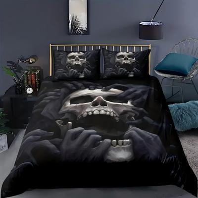 Juego de Funda Nórdica Negra Impresión 3D Esqueleto Estilo Halloween Doble Para Adultos Tamaño Queen King Suave Juego de Ropa de Cama Con Funda de Almohada