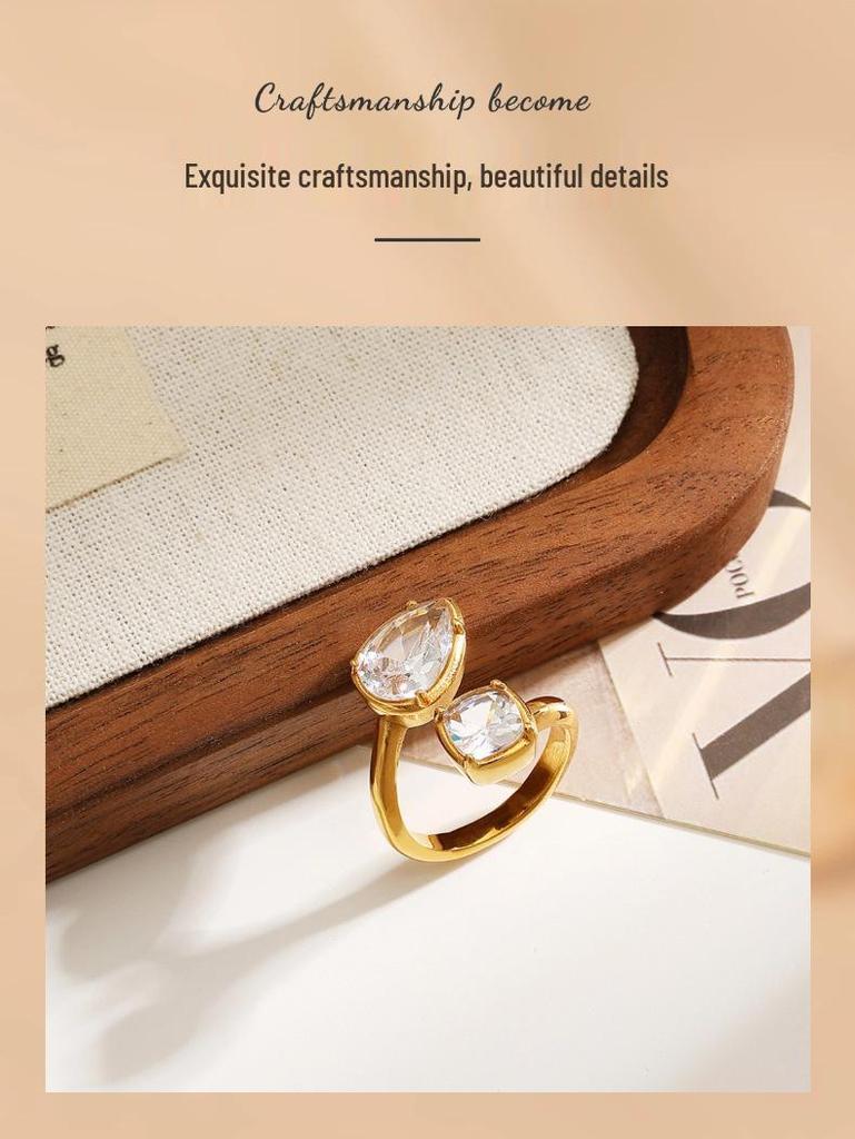 18K Gold Plated Stainless & Titanium Steel Zirconia Ring: Geometric, Waterproof, Adjustable & Irregular Shape for Women