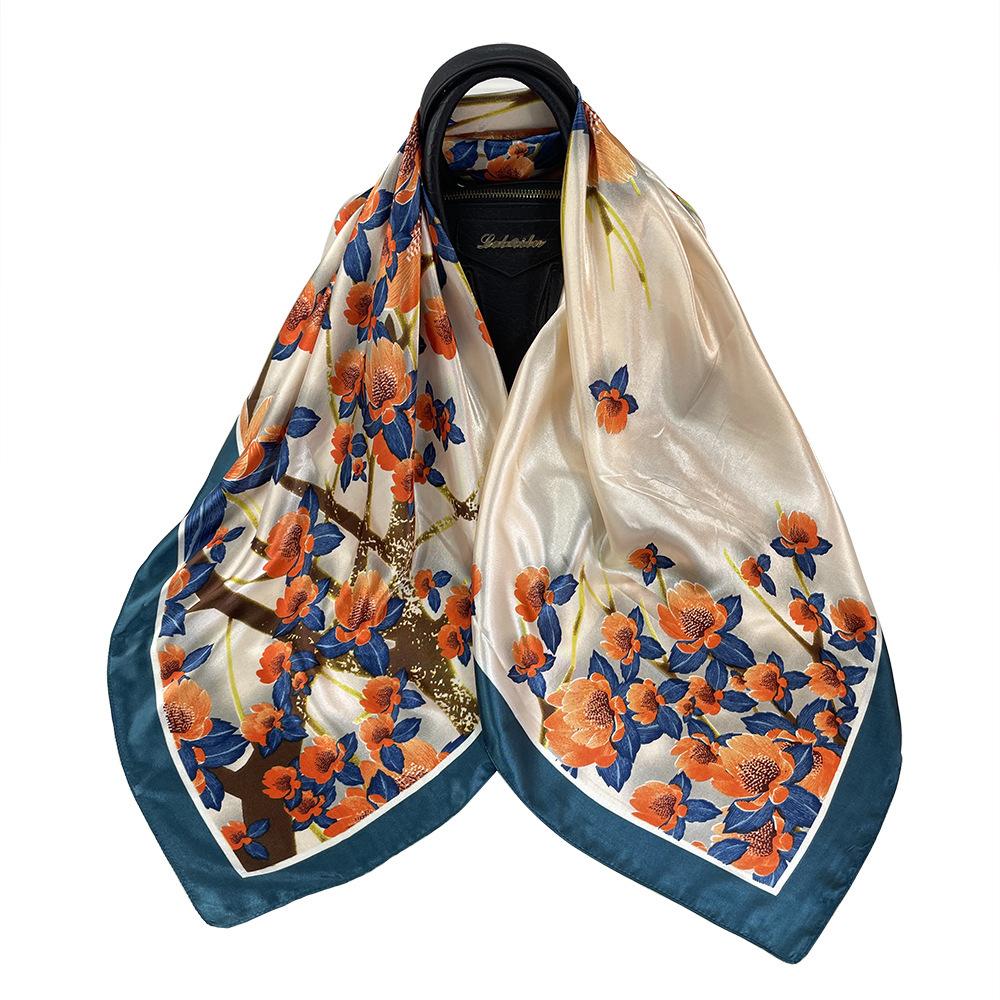 90*90Cm Women Elegant Floral Printed Square Imitation Silk Scarf Hijab Women Luxury Sunscreen And Dustproof Kerchief Head Scarf
